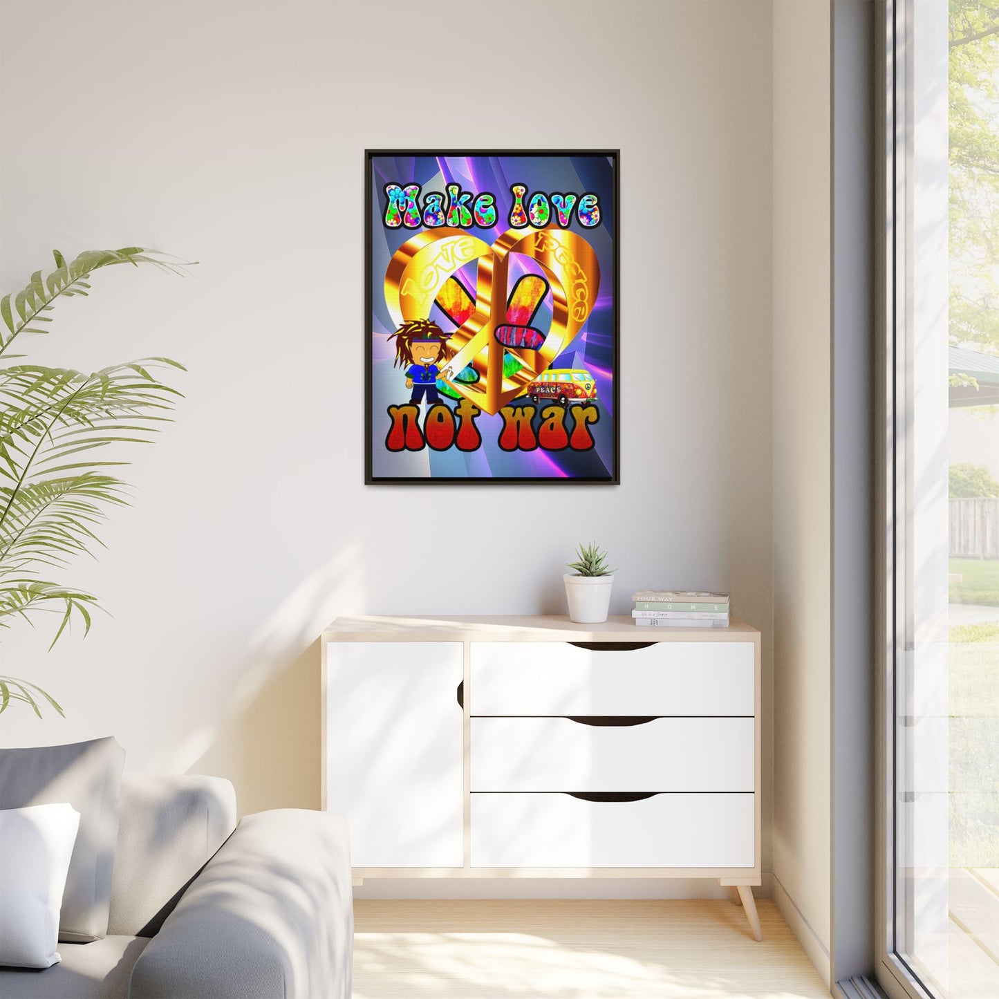 love peace - framed canvas art (grey-pink wave)