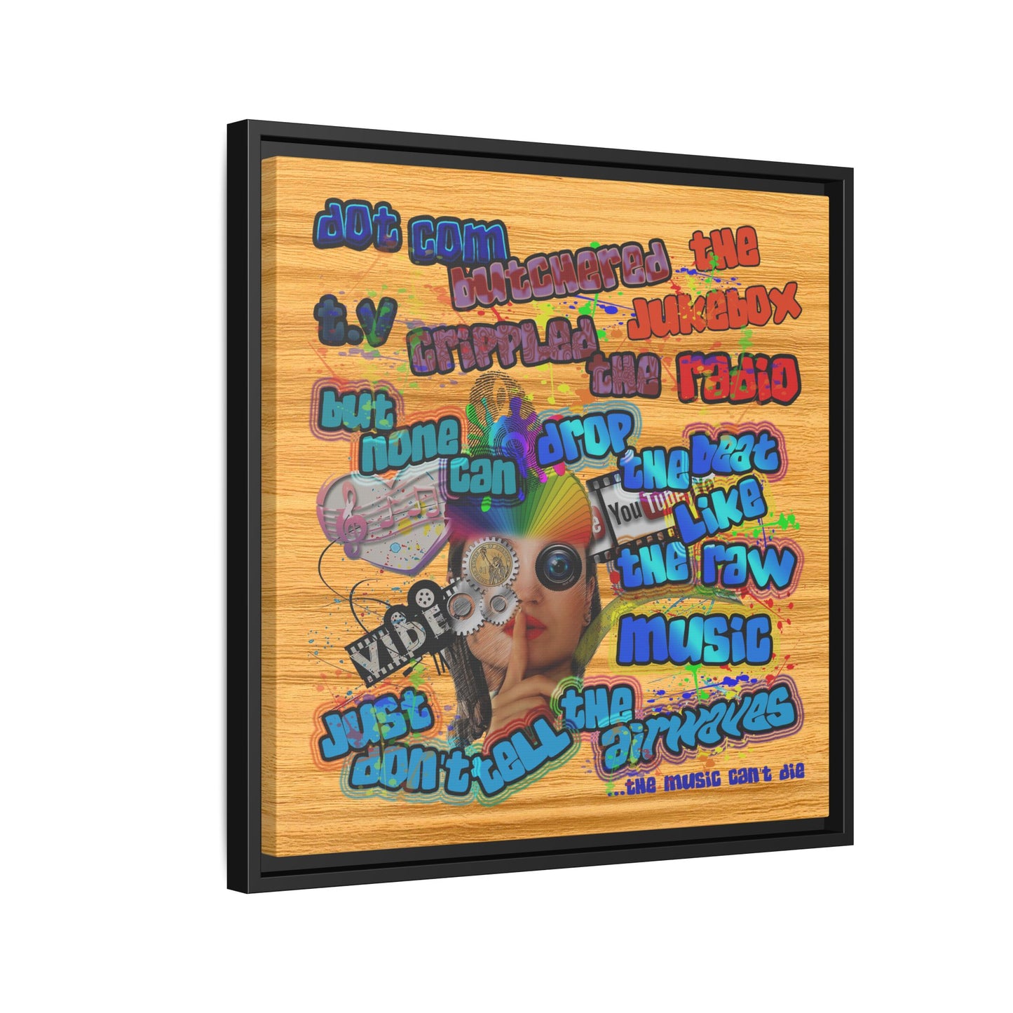 drop the beat - framed canvas art (butterscotch wood finish)