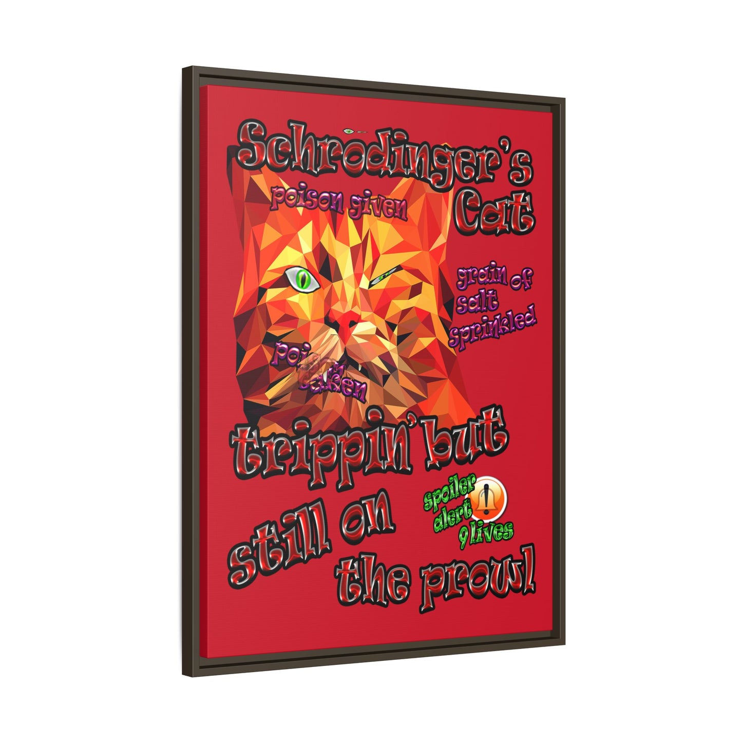schrodinger's cat - framed canvas art (dark red)