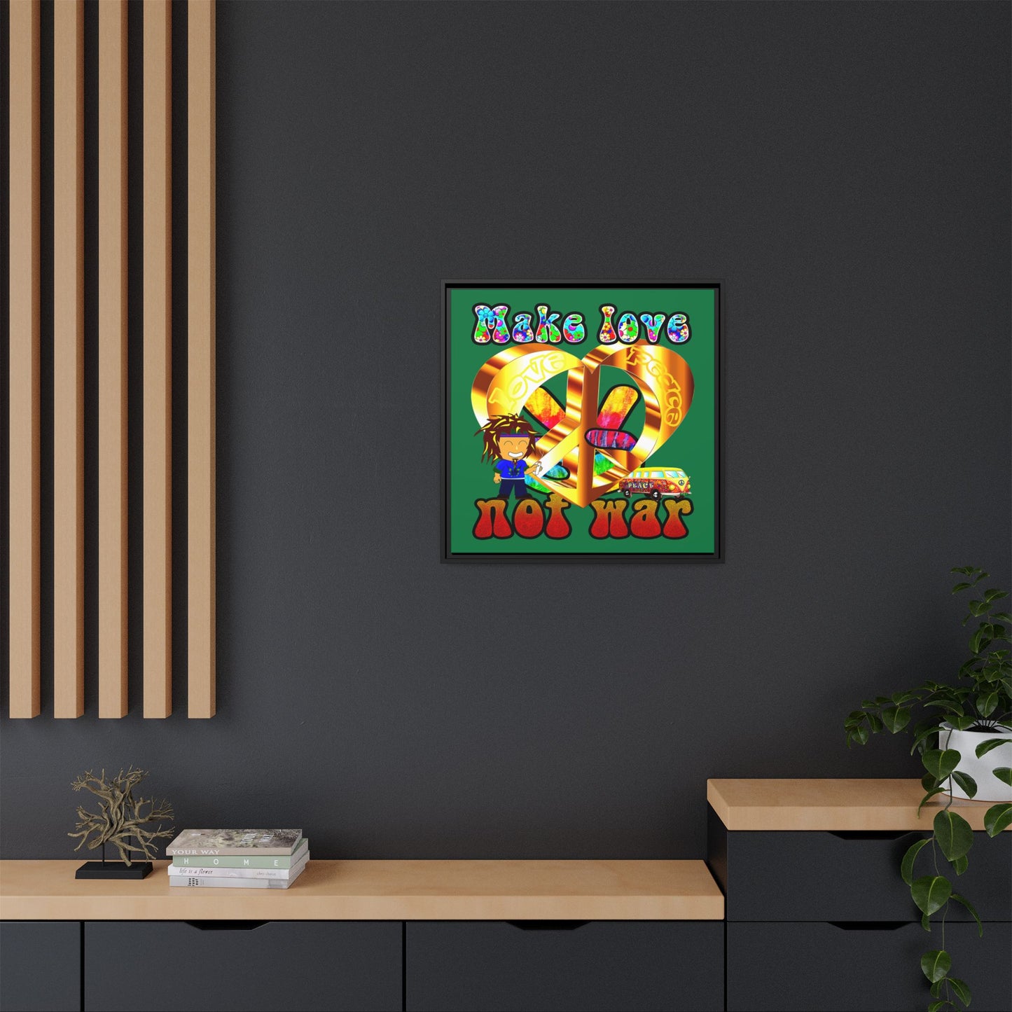 love peace - framed canvas art (dark green)