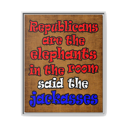 donkeys and elephants - framed canvas art (brown papyrus)