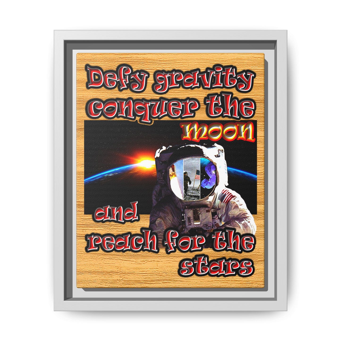 defy conquer reach - framed canvas art (butterscotch wood finish)