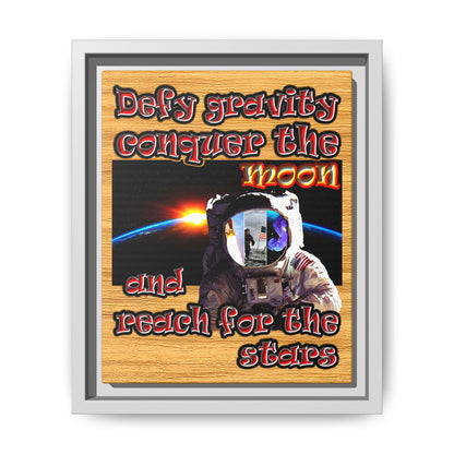 defy conquer reach - framed canvas art (butterscotch wood finish)