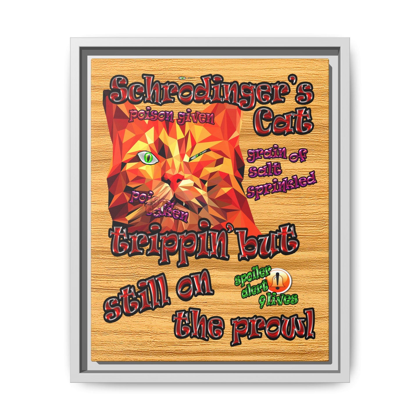 schrodinger's cat - framed canvas art (butterscotch wood finish)
