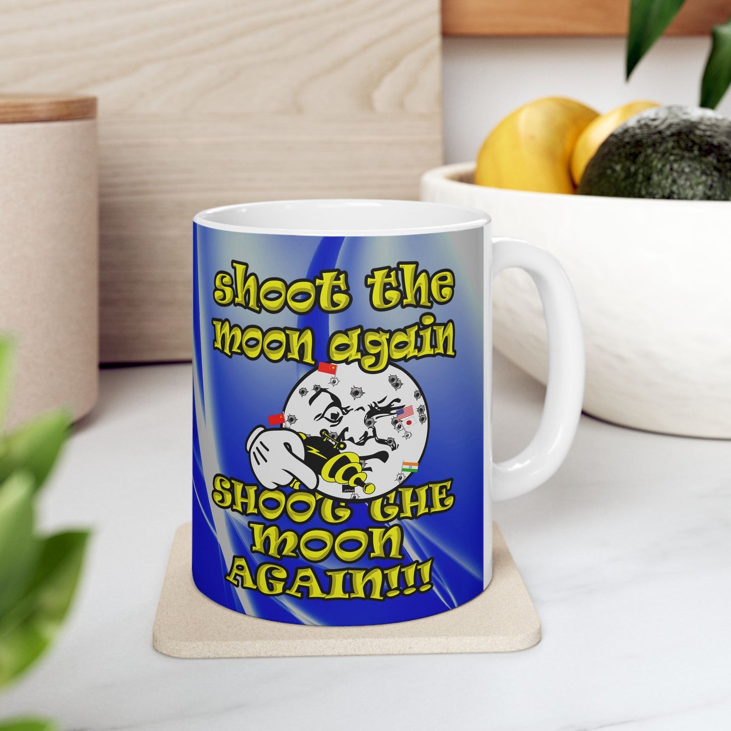 shoot the moon again - White Mug (blue-white wave)