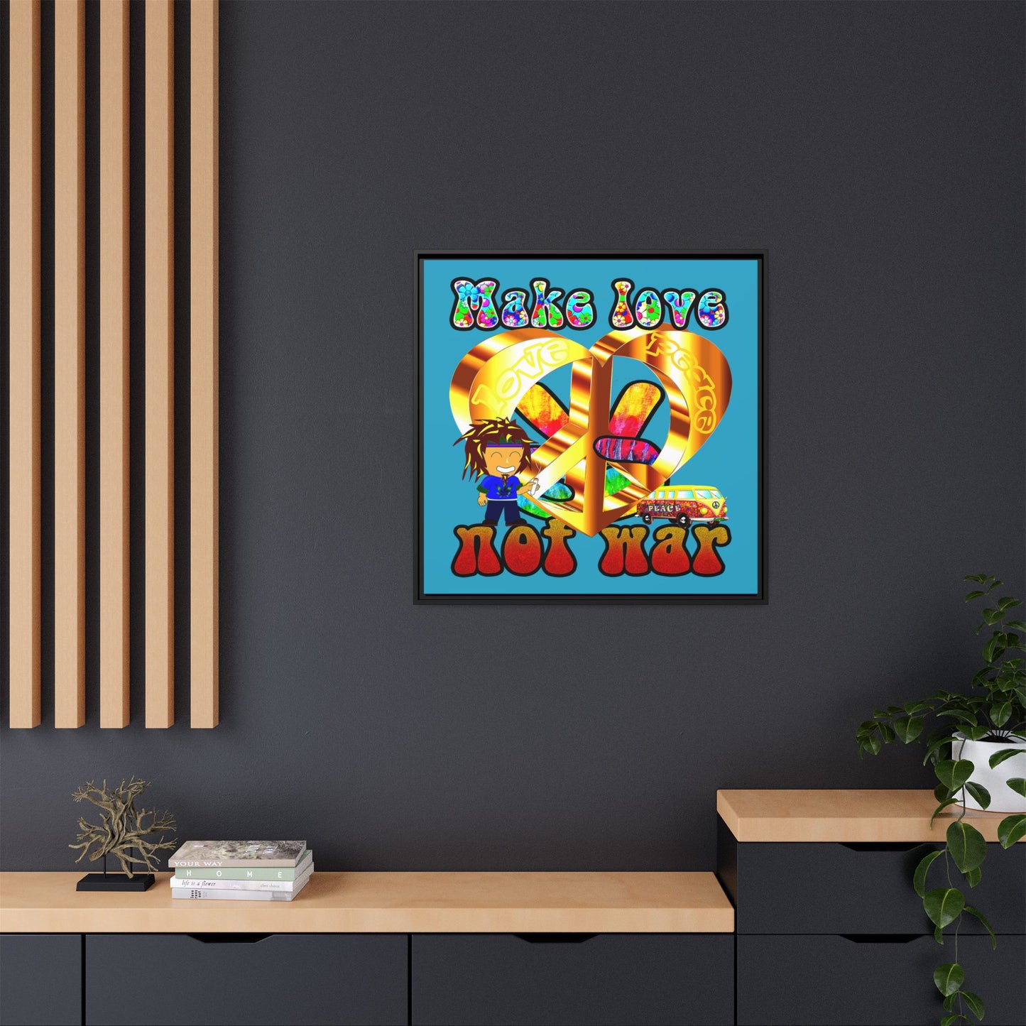 love peace - framed canvas art (turquoise)