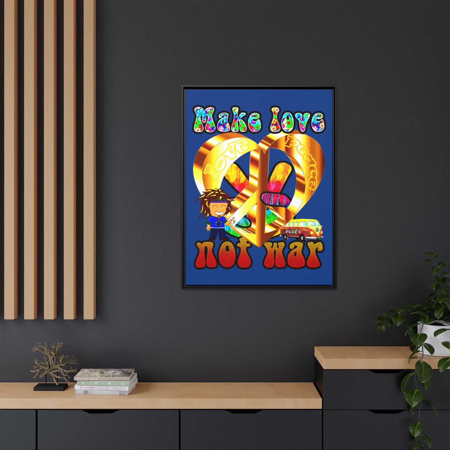 love peace - framed canvas art (dark blue)