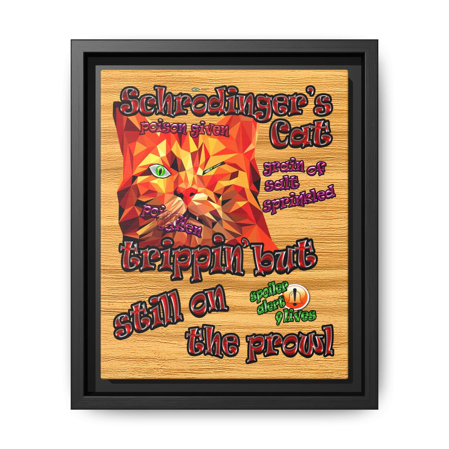 schrodinger's cat - framed canvas art (butterscotch wood finish)