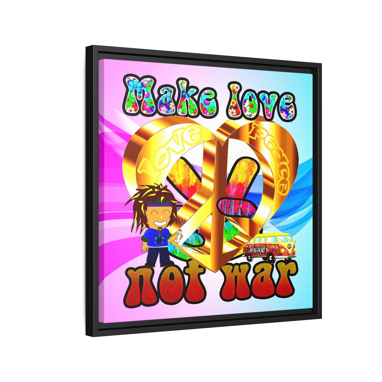 love peace - framed canvas art (light blue-pink wave)