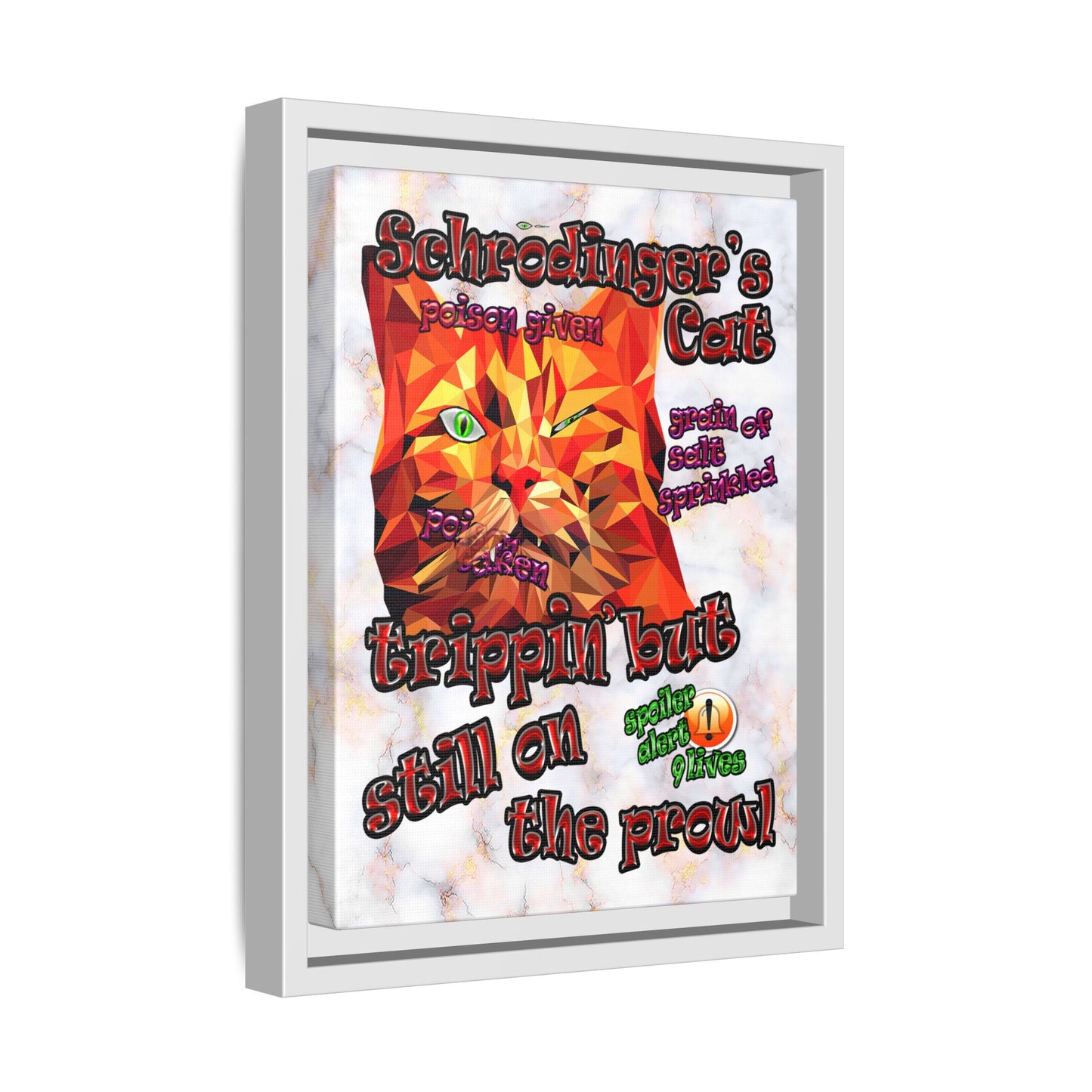 schrodinger's cat - framed canvas art (white marble)