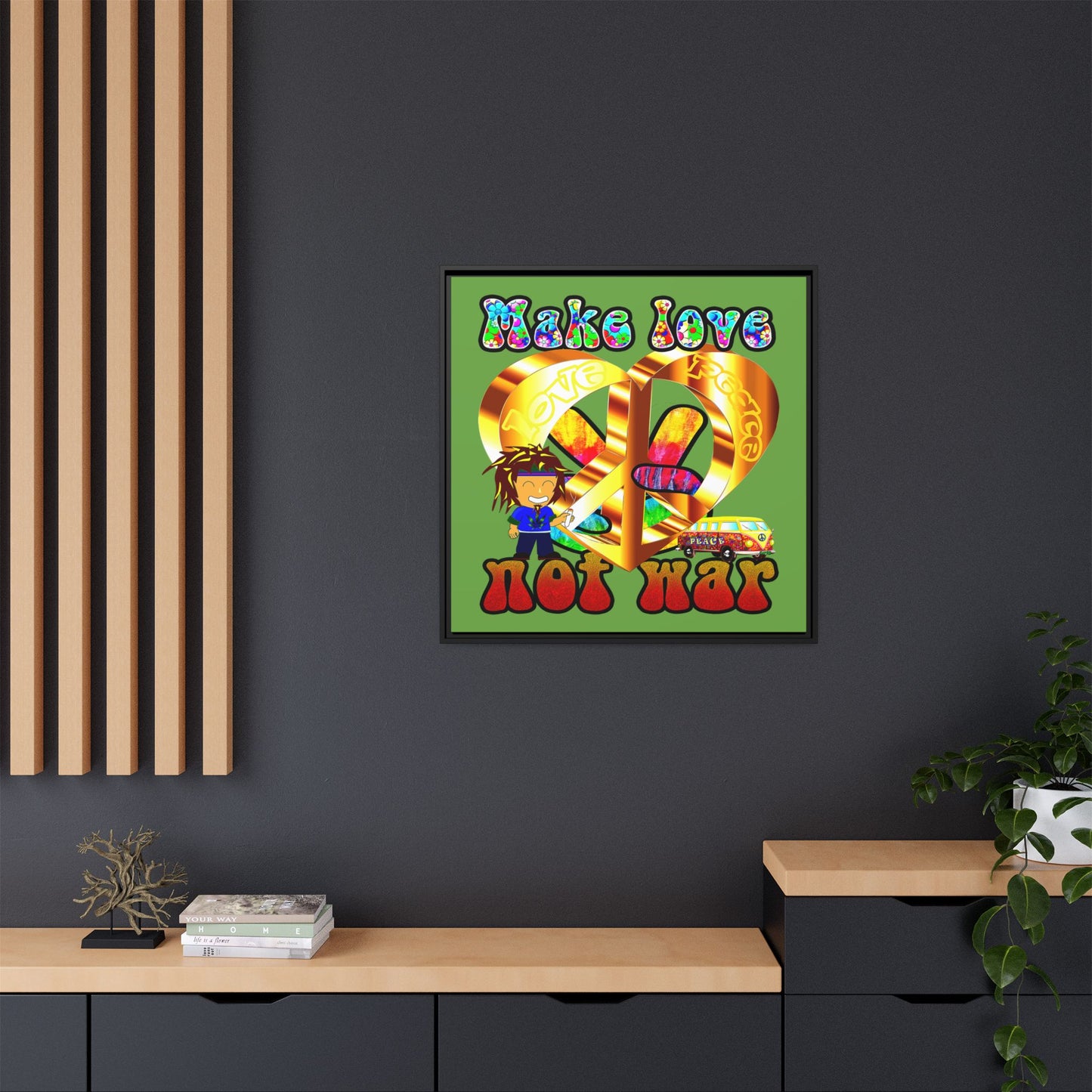 love peace - framed canvas art (green)
