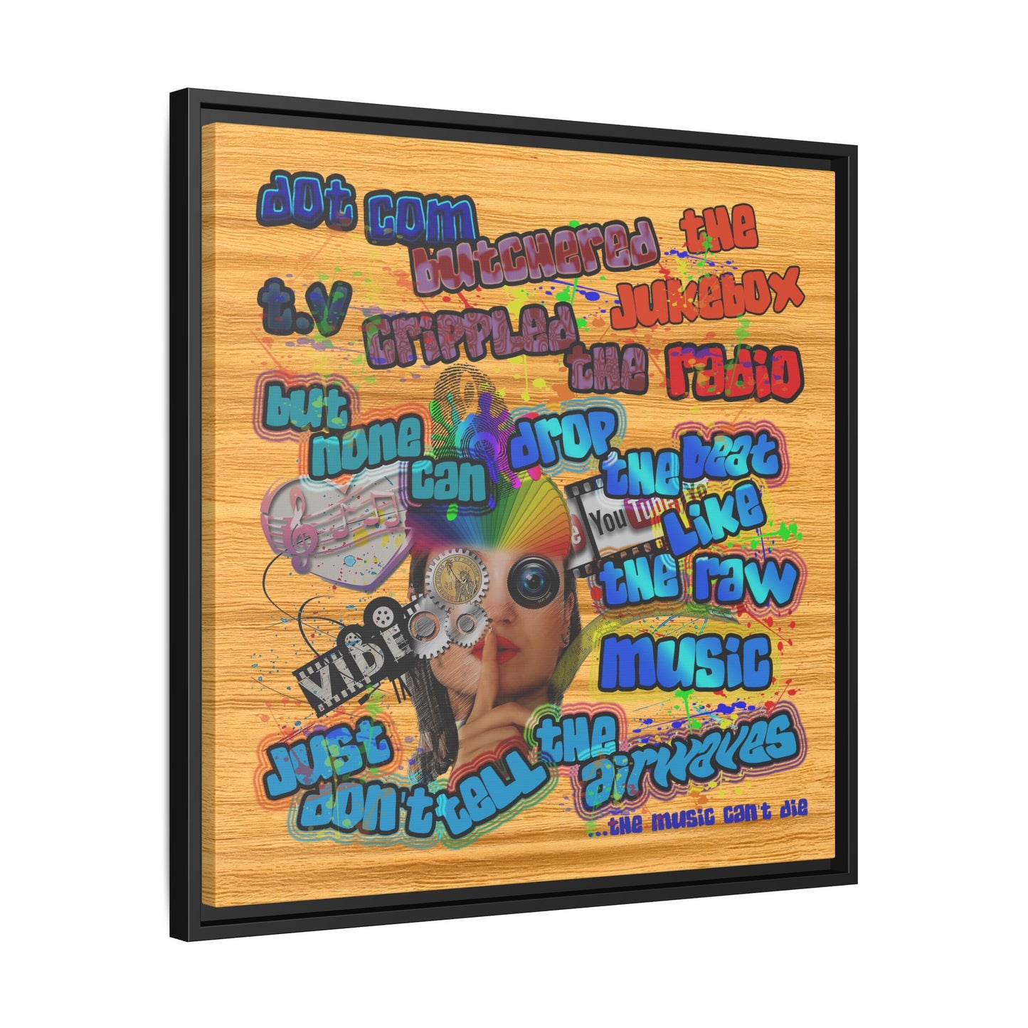 drop the beat - framed canvas art (butterscotch wood finish)