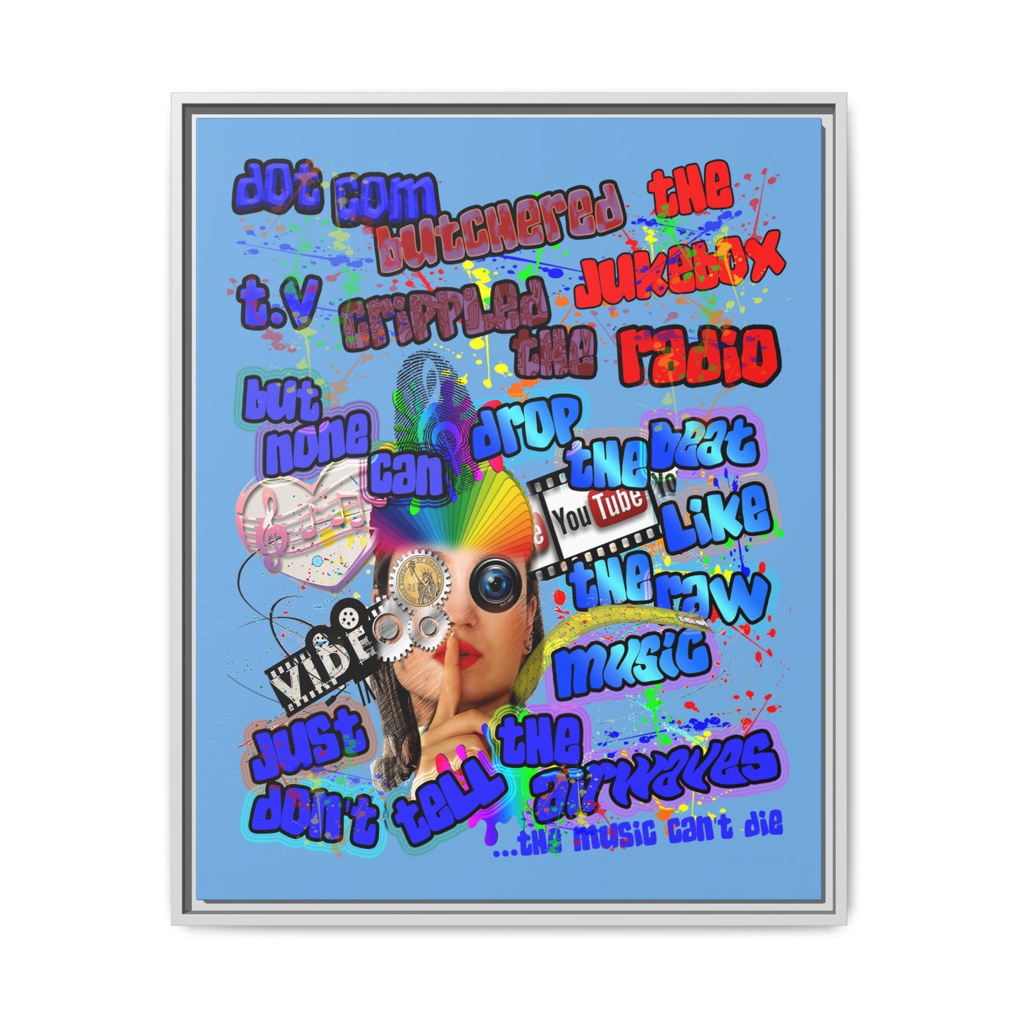 drop the beat - framed canvas art (light blue)