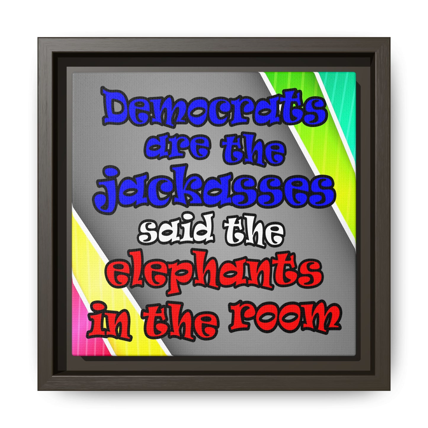 donkeys and elephants - framed canvas art (rainbow split)