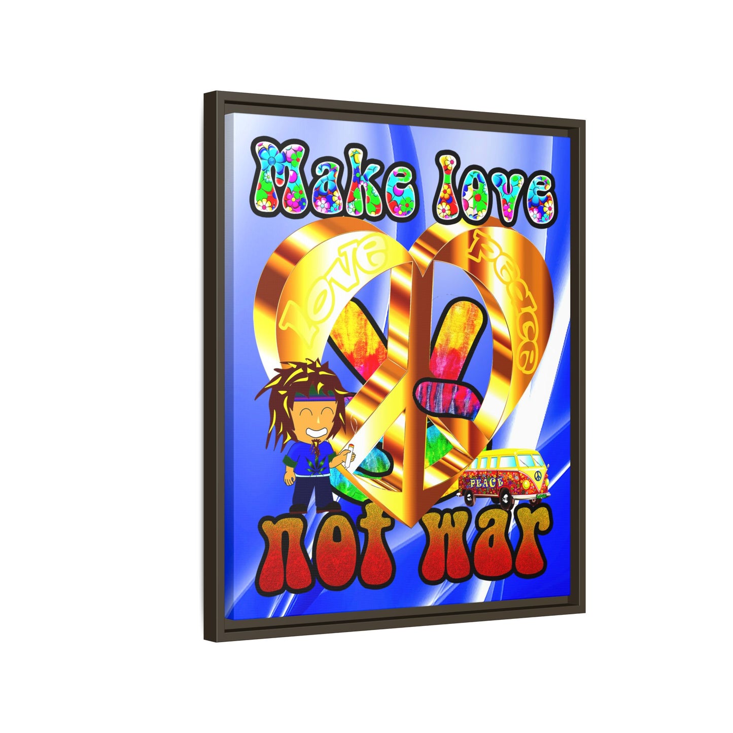 love peace - framed canvas art (blue-white wave)
