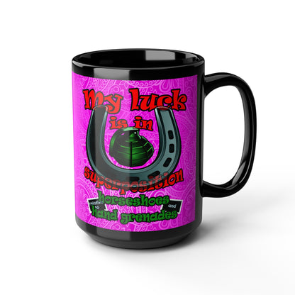 my luck - Black Mug (pink swirl)