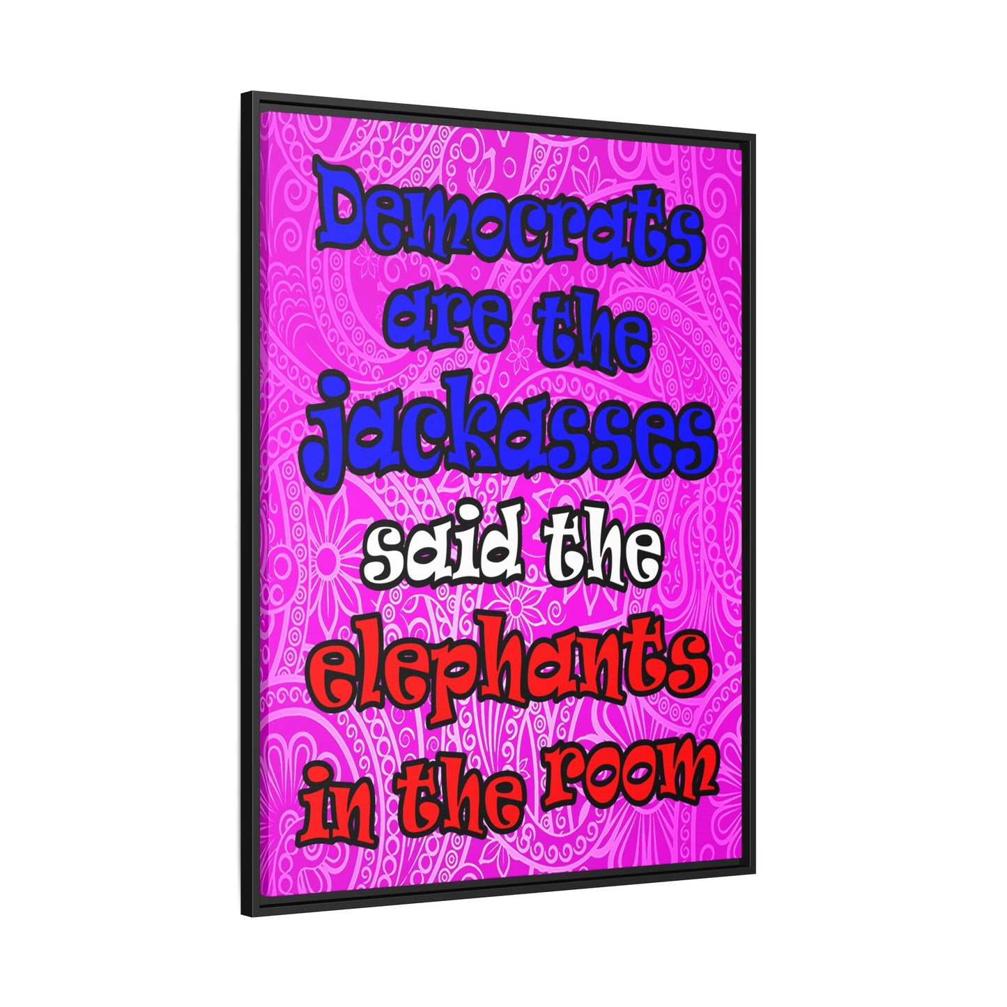 donkeys and elephants - framed canvas art (pink swirl)