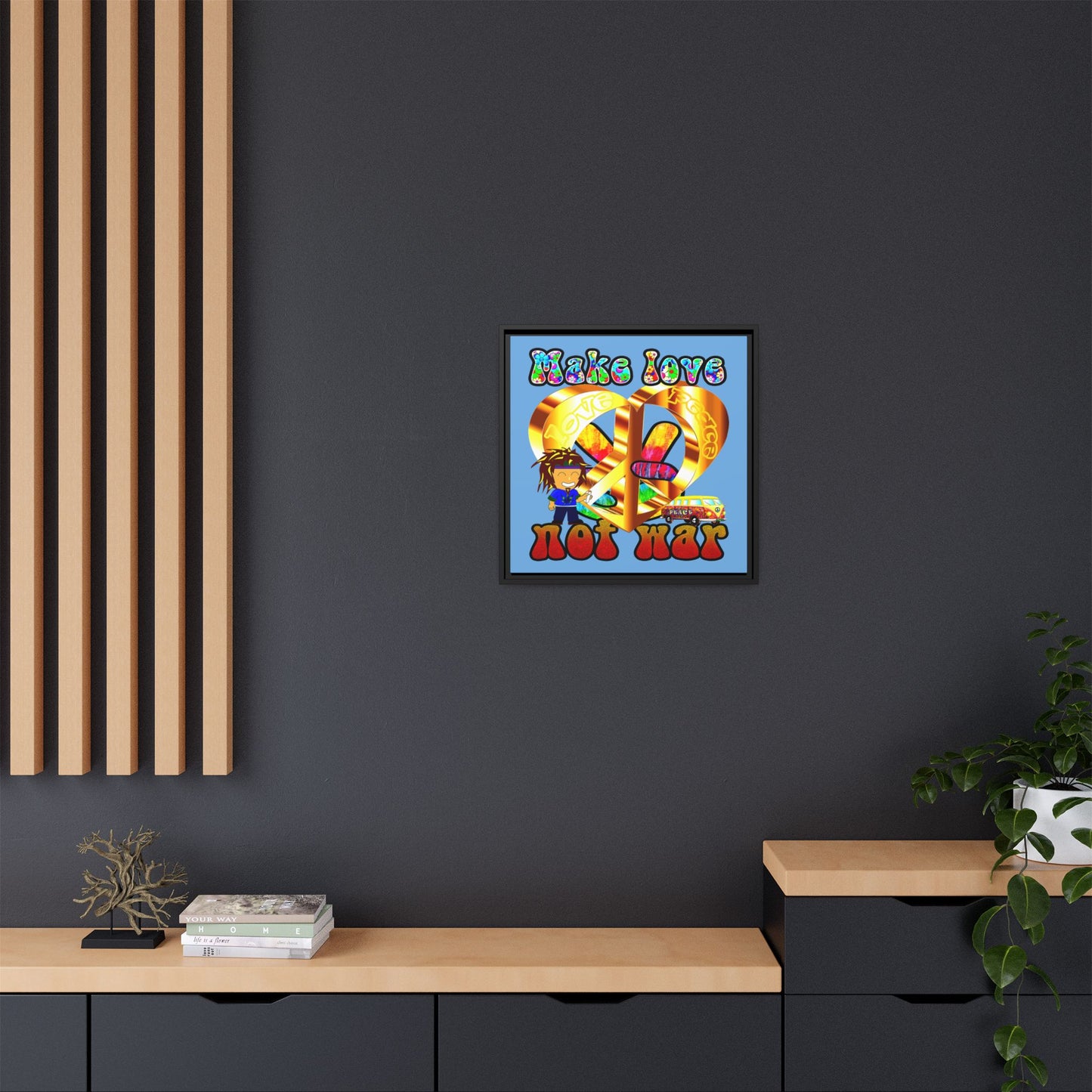 love peace - framed canvas art (light blue)