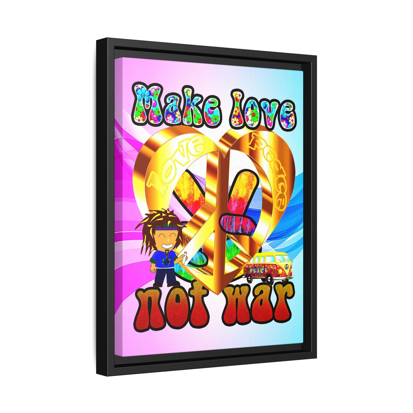love peace - framed canvas art (light blue-pink wave)