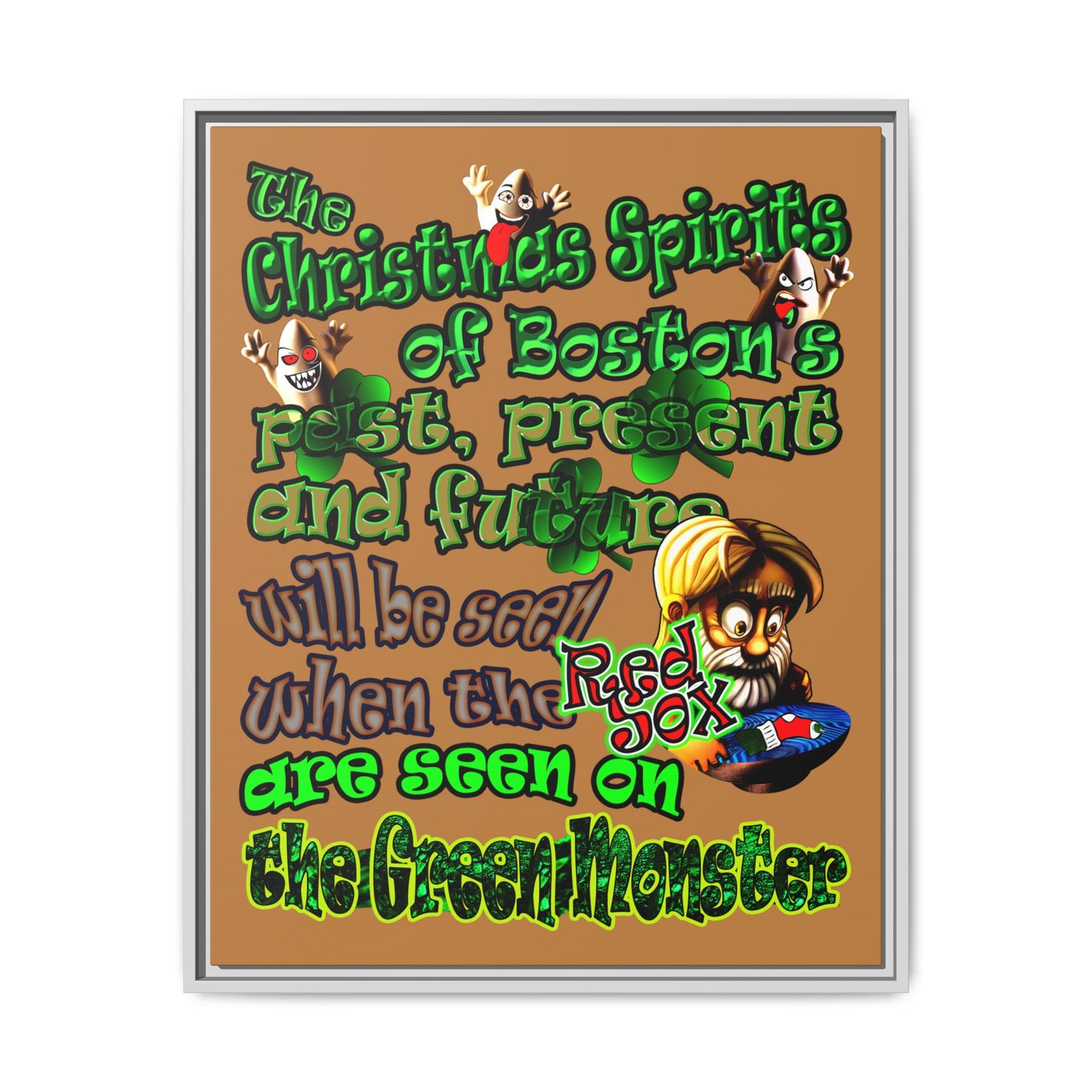christmas spirits of boston - framed canvas art (light brown)