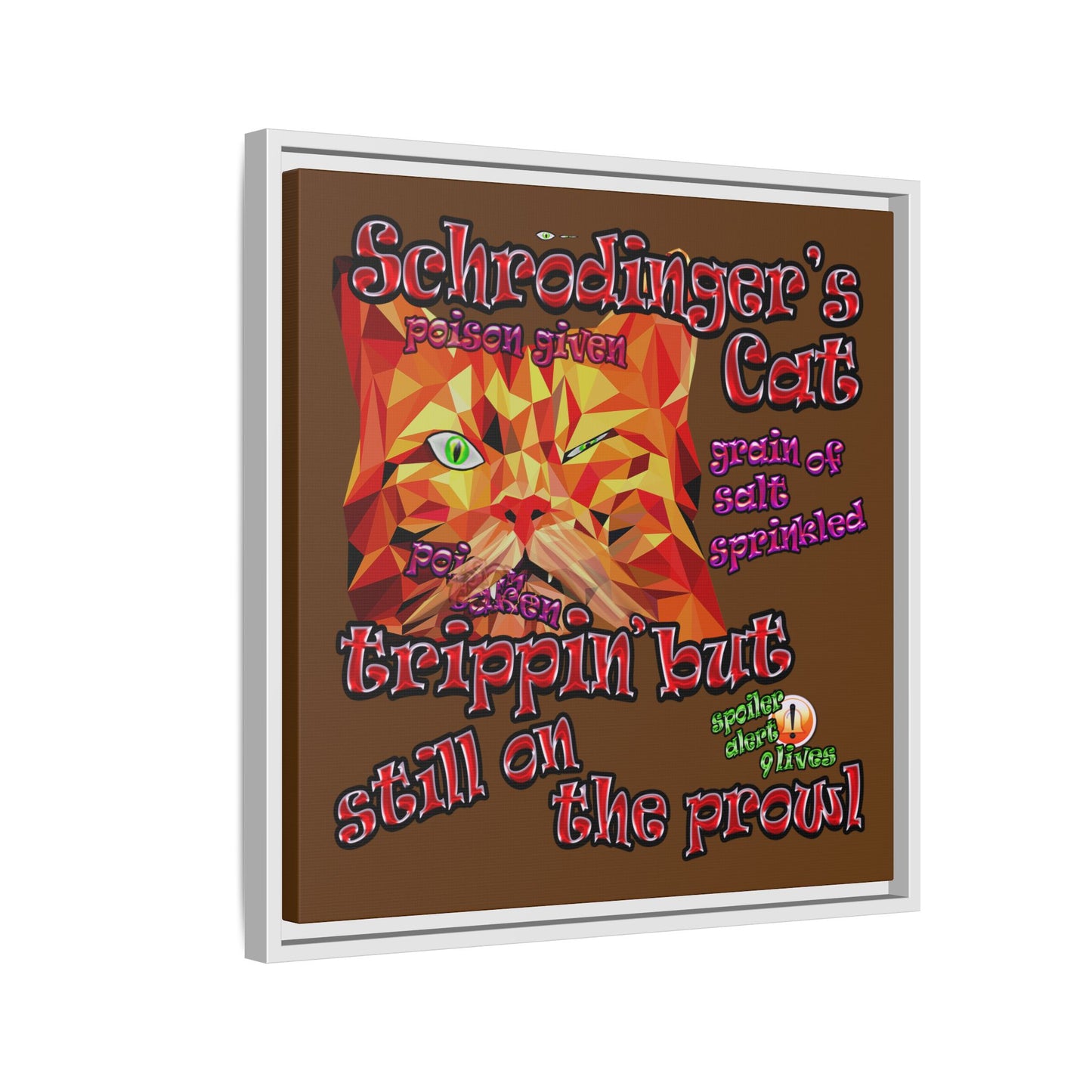 schrodinger's cat - framed canvas art (brown)