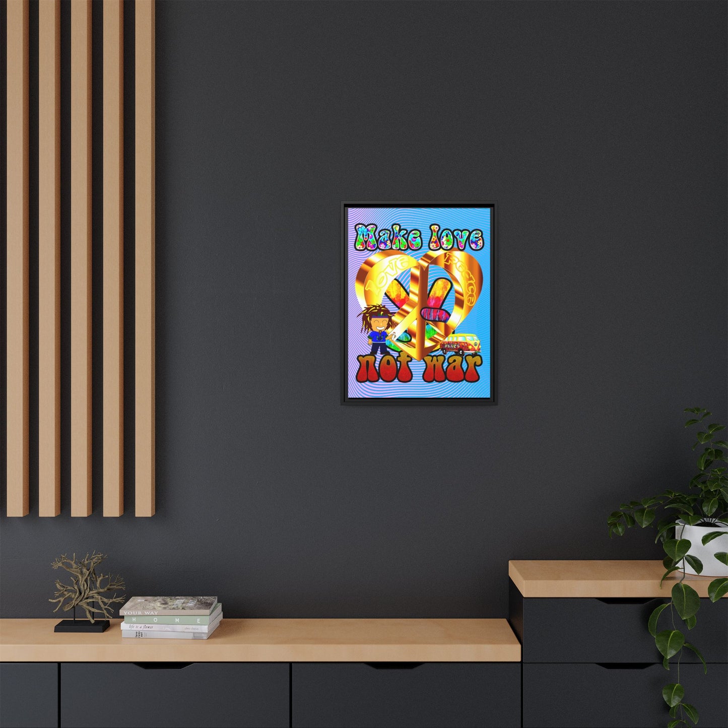 love peace - framed canvas art (light blue-purple wave)