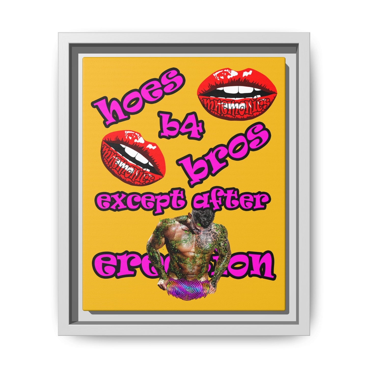 hoes b4 bros - framed canvas art (yellow)