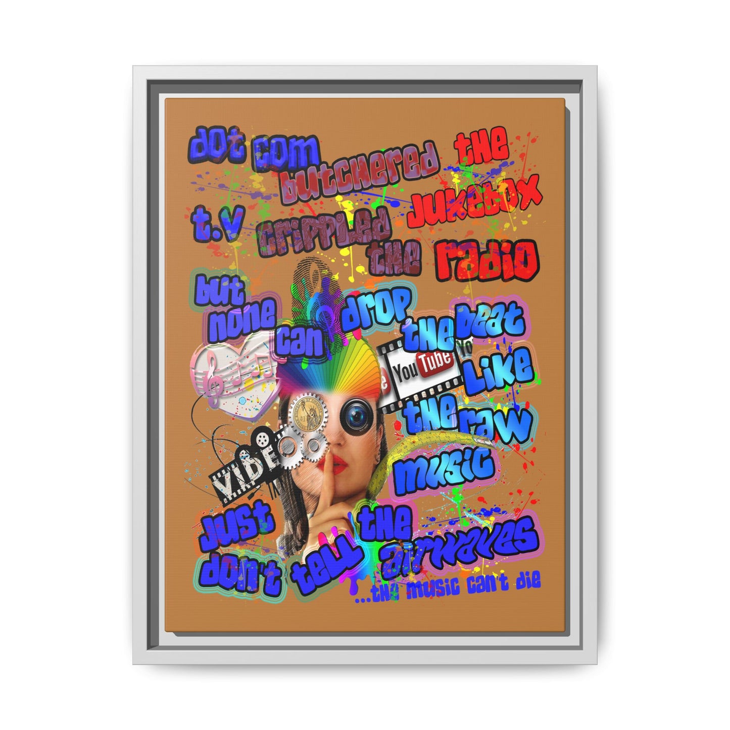 drop the beat - framed canvas art (light brown)
