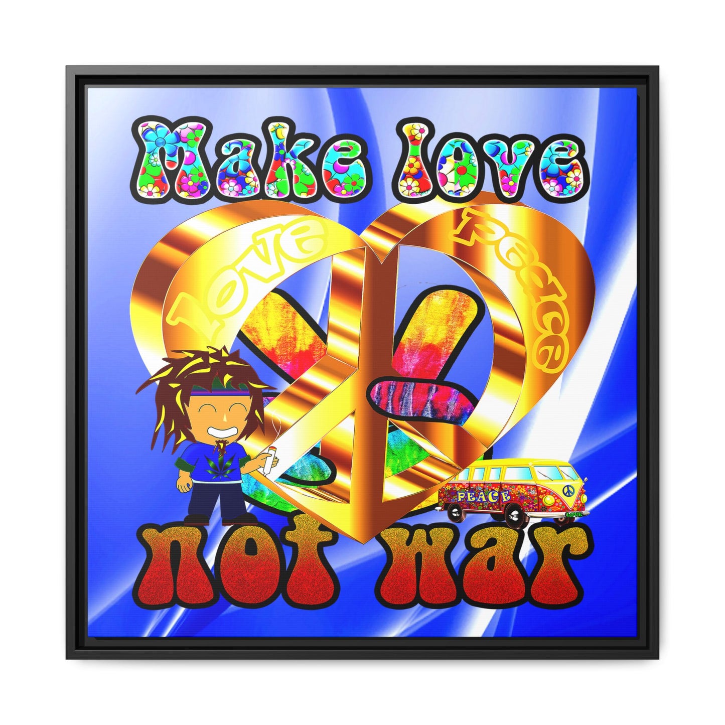love peace - framed canvas art (blue-white wave)