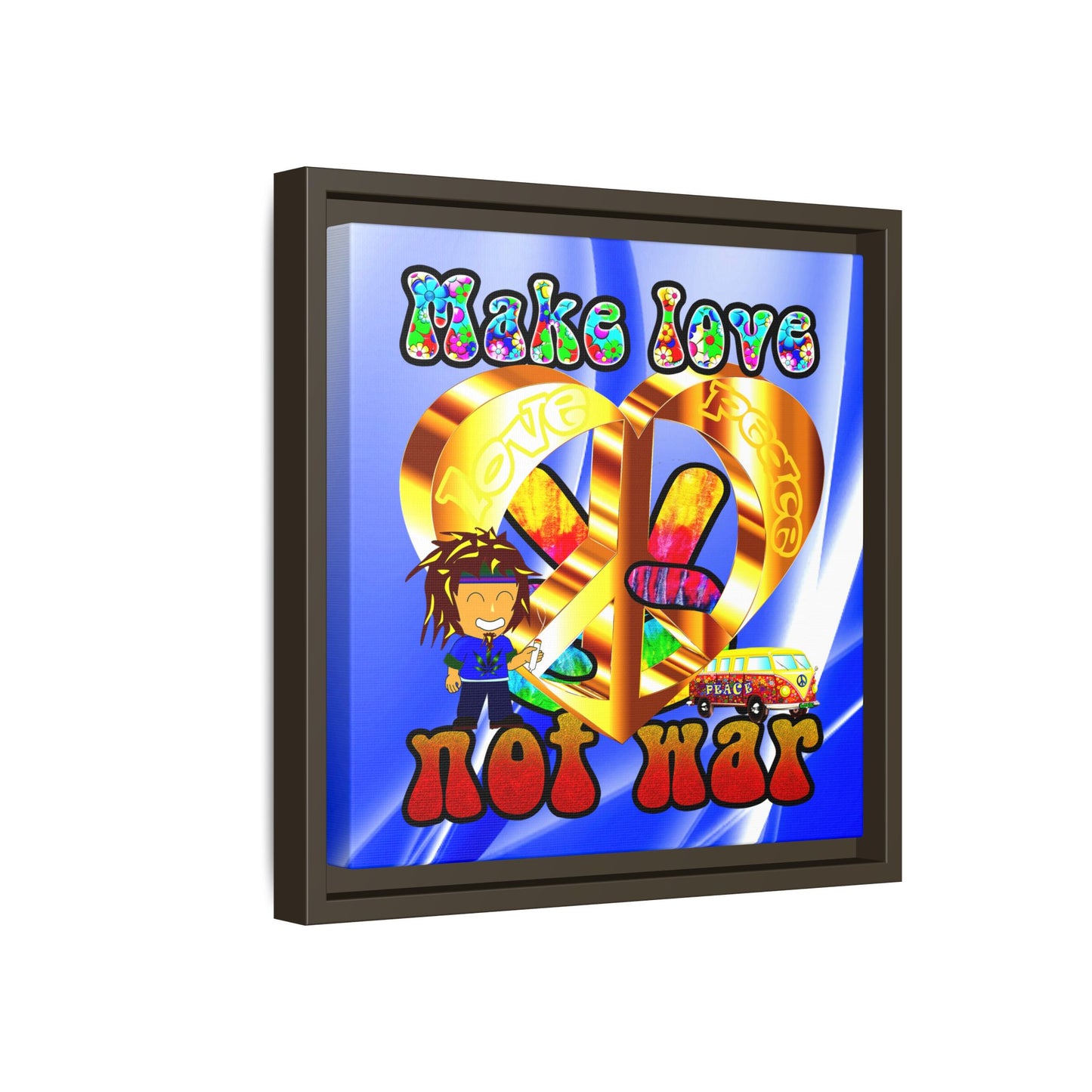 love peace - framed canvas art (blue-white wave)