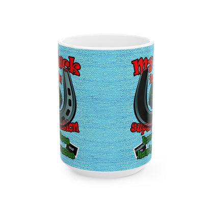 my luck - White Mug (faded dark blue)