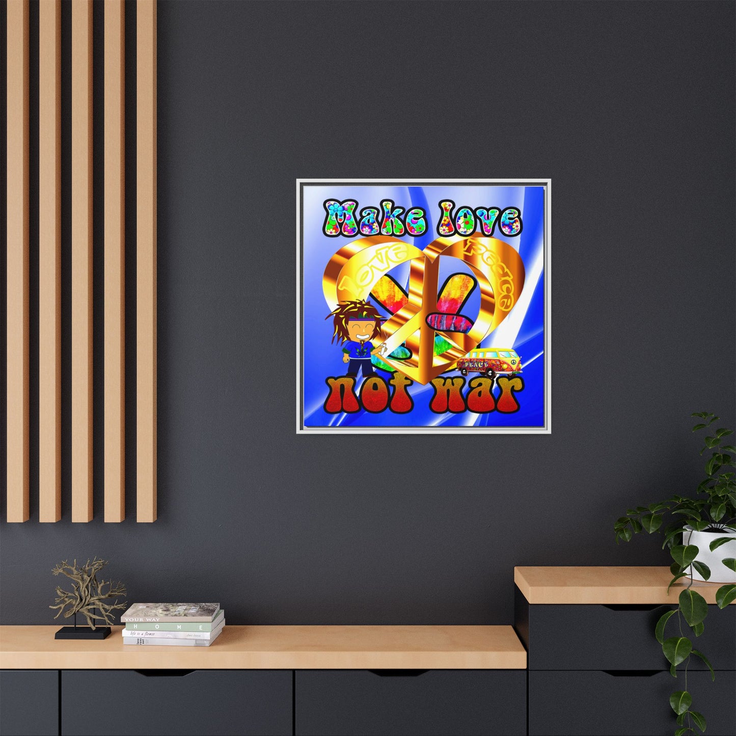 love peace - framed canvas art (blue-white wave)