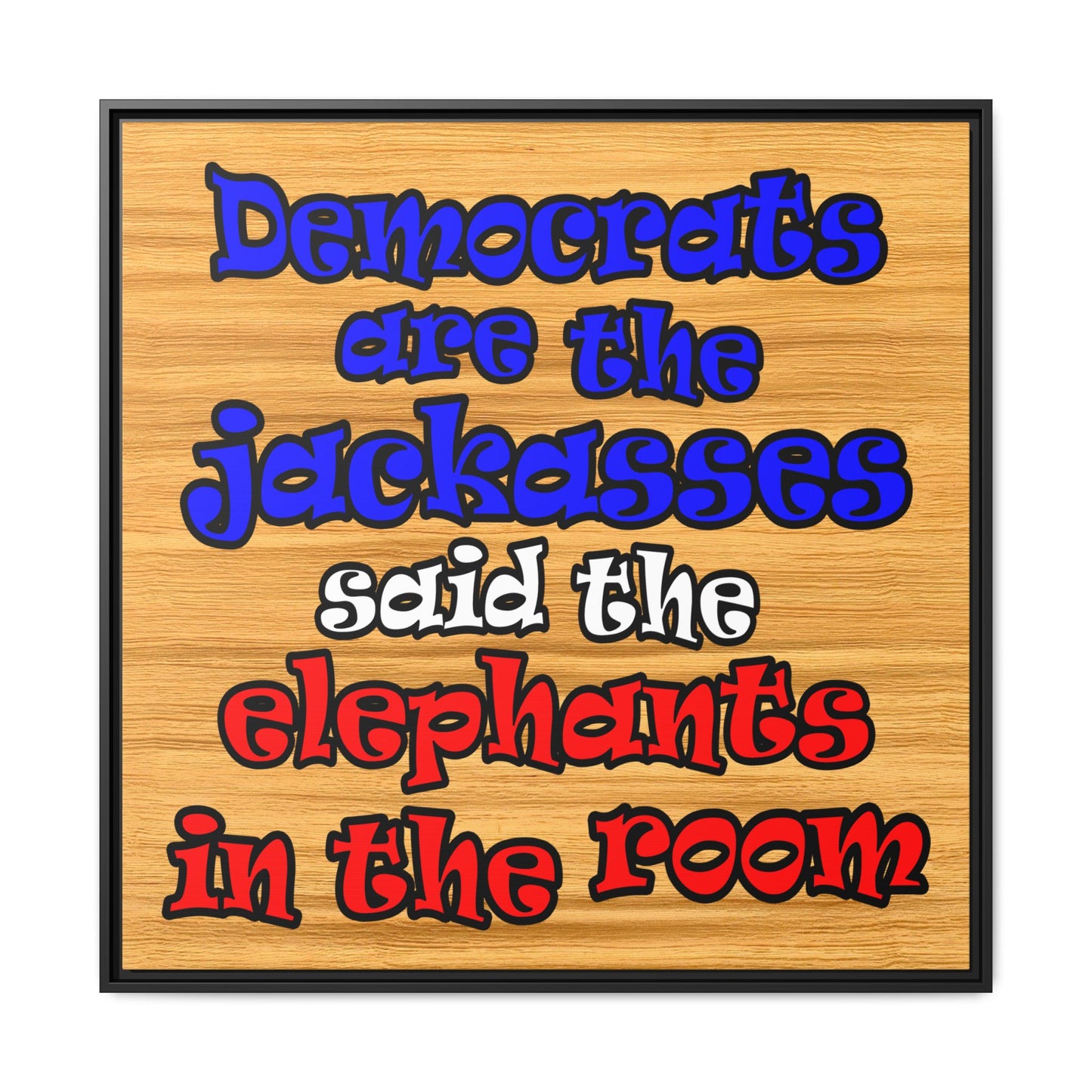 donkeys and elephants - framed canvas art (butterscotch wood finish)