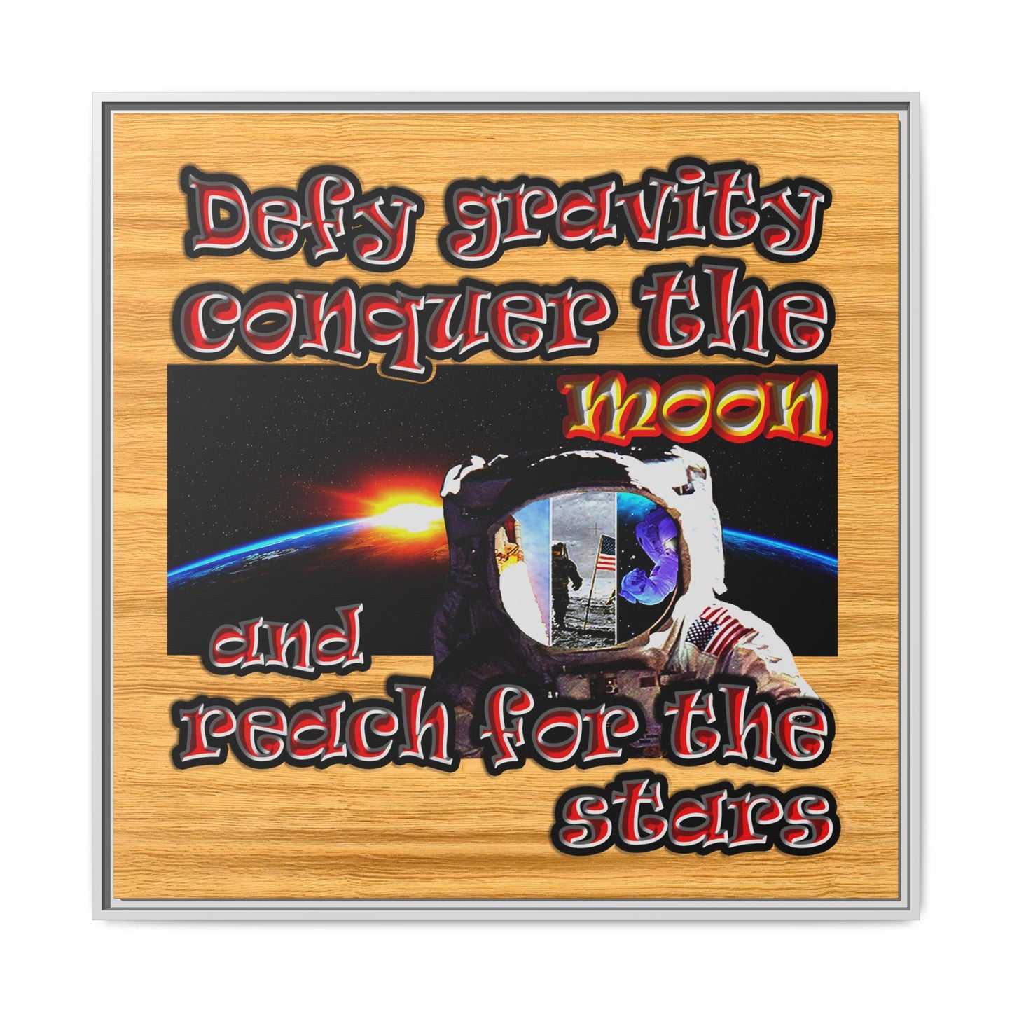 defy conquer reach - framed canvas art (butterscotch wood finish)