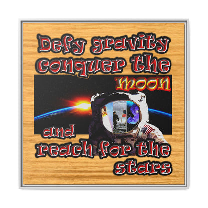 defy conquer reach - framed canvas art (butterscotch wood finish)