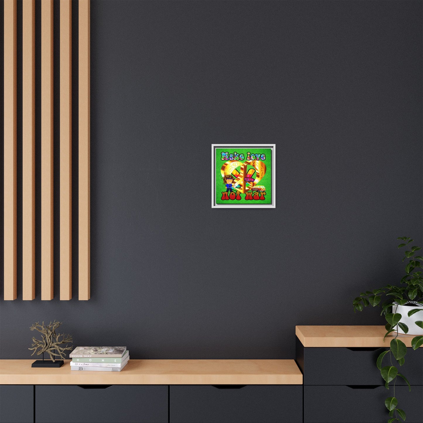 love peace - framed canvas art (green turf)
