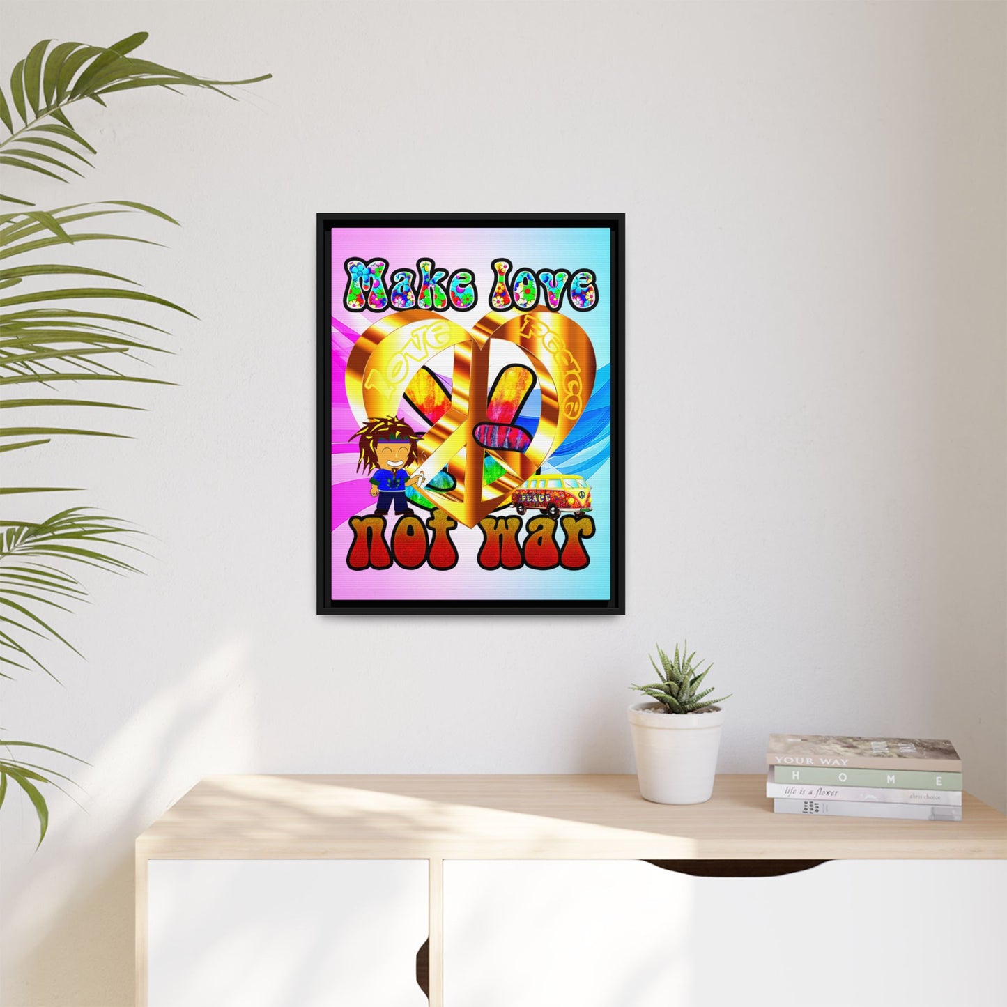 love peace - framed canvas art (light blue-pink wave)