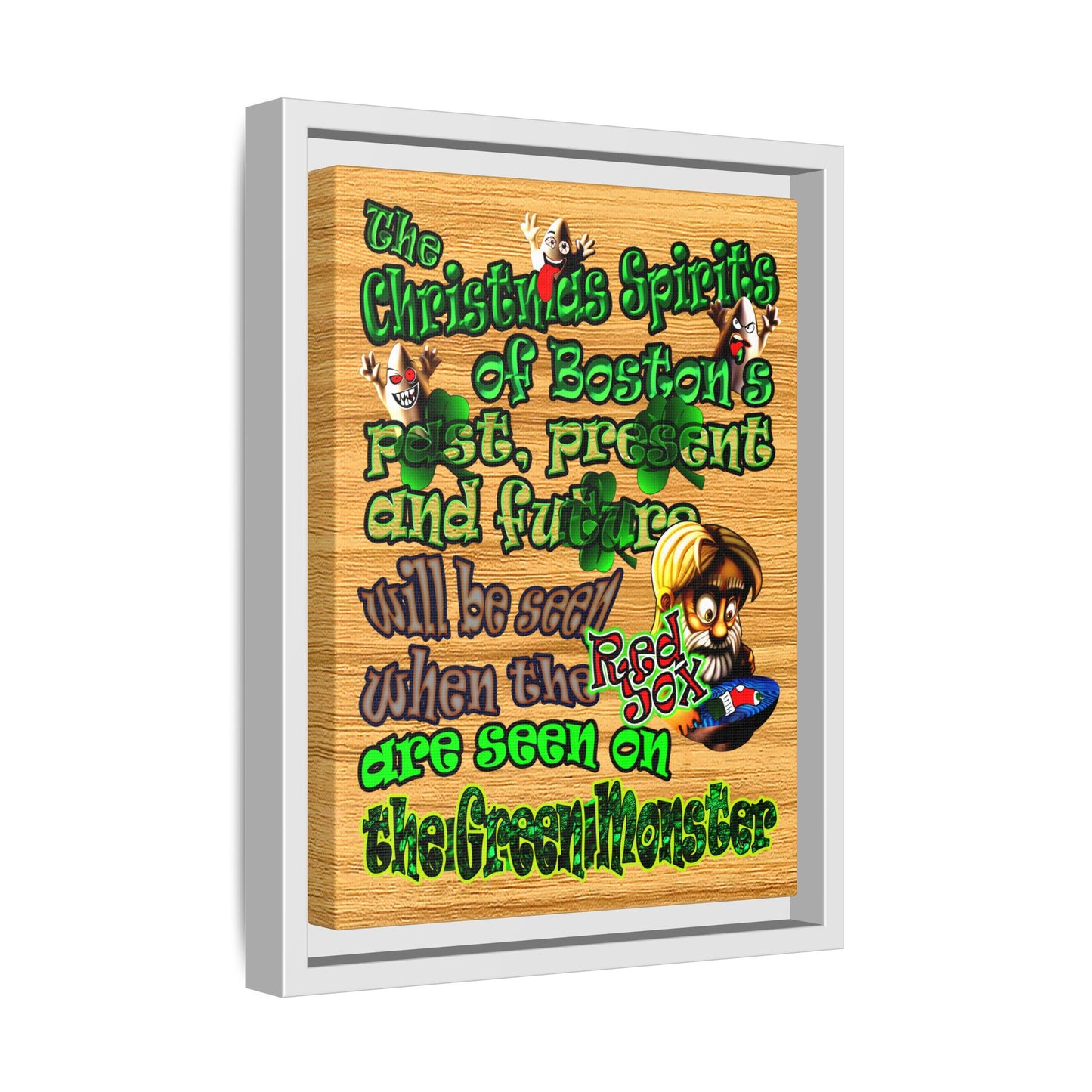 christmas spirits of boston - framed canvas art (butterscotch wood finish)