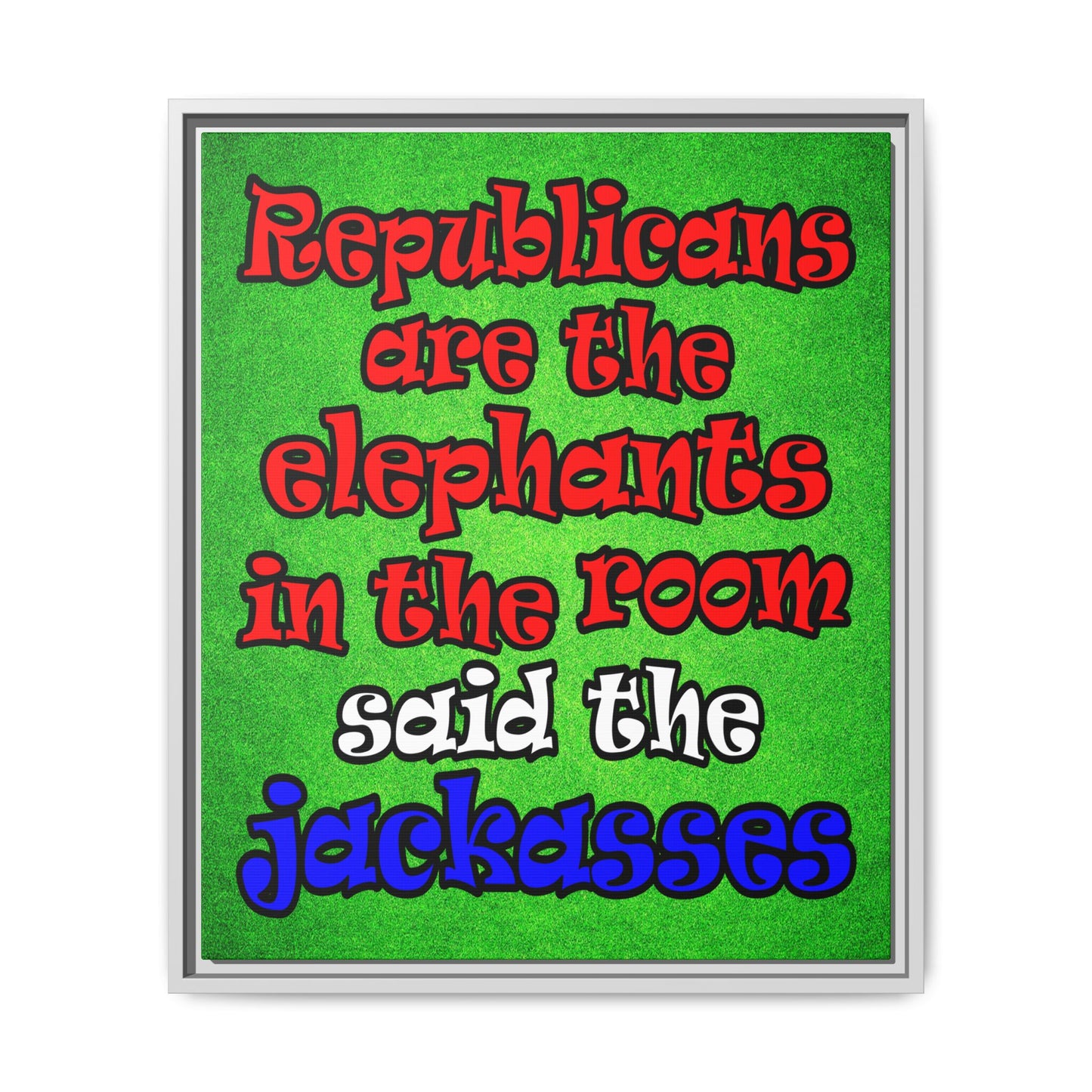 donkeys and elephants - framed canvas art (green turf)