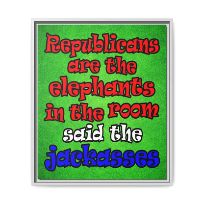donkeys and elephants - framed canvas art (green turf)