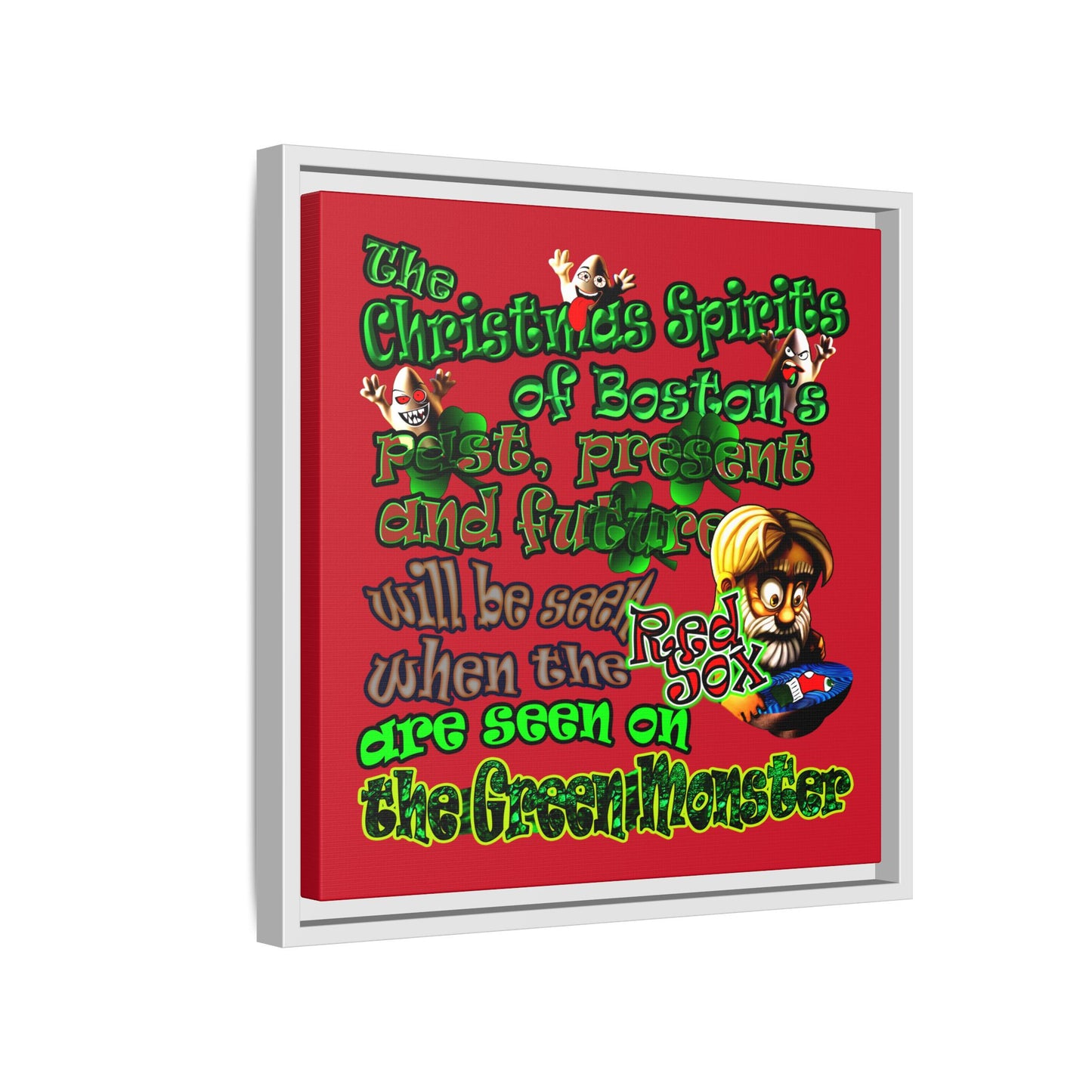 christmas spirits of boston - framed canvas art (dark red)
