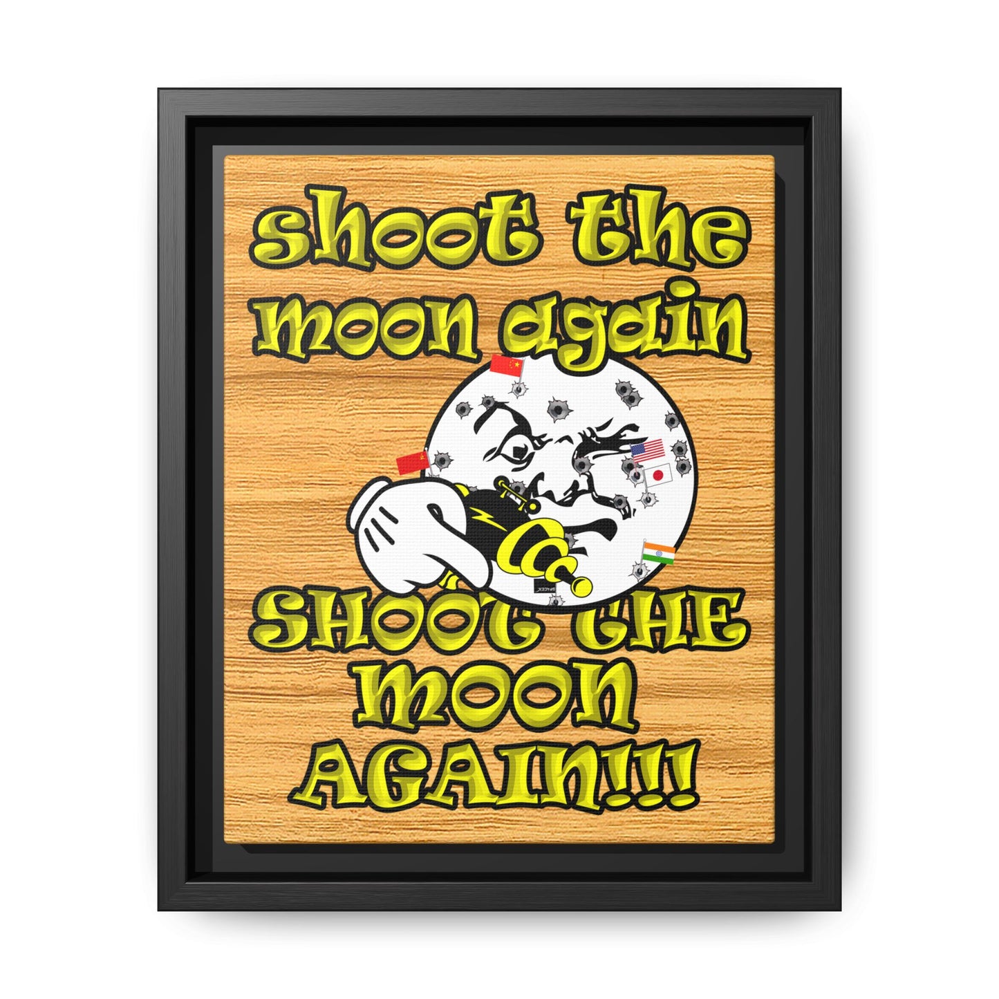 shoot the moon again - framed canvas art (butterscotch wood finish)