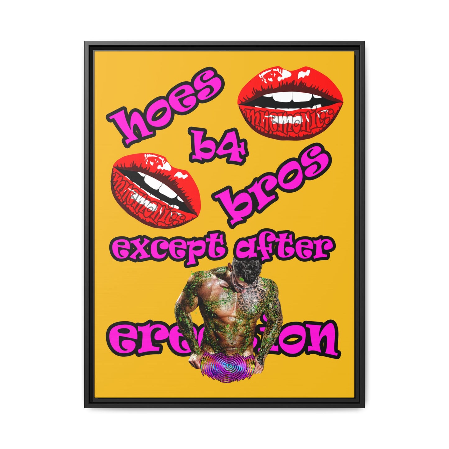 hoes b4 bros - framed canvas art (yellow)