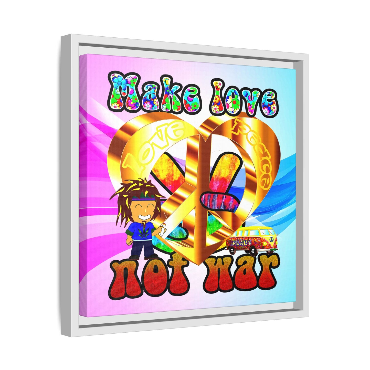 love peace - framed canvas art (light blue-pink wave)