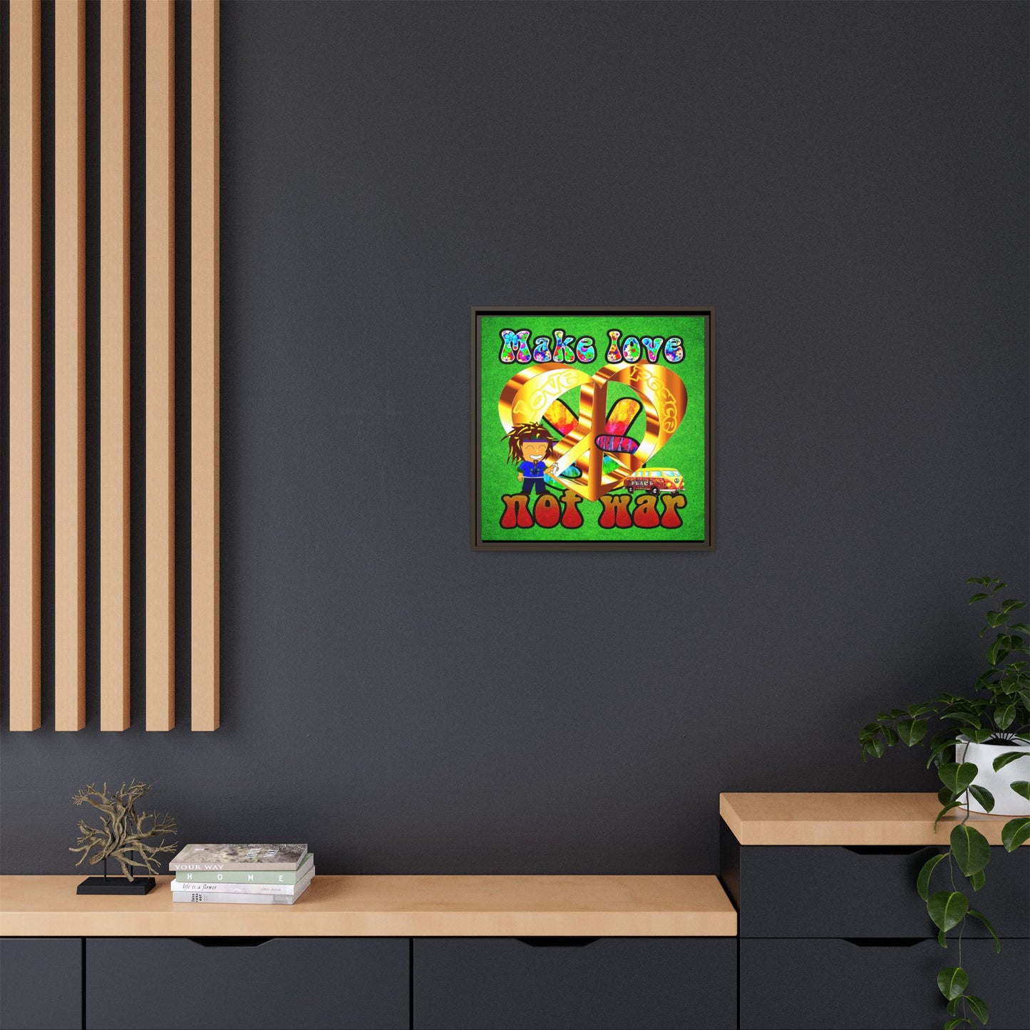 love peace - framed canvas art (green turf)