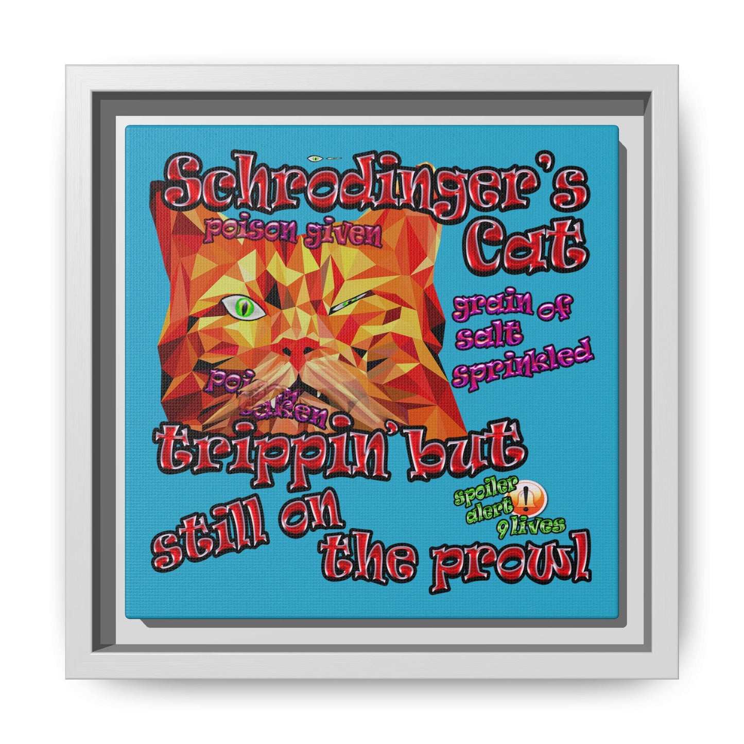 schrodinger's cat - framed canvas art (turquoise)
