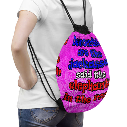 donkeys and elephants - Drawstring Bag (pink swirl)