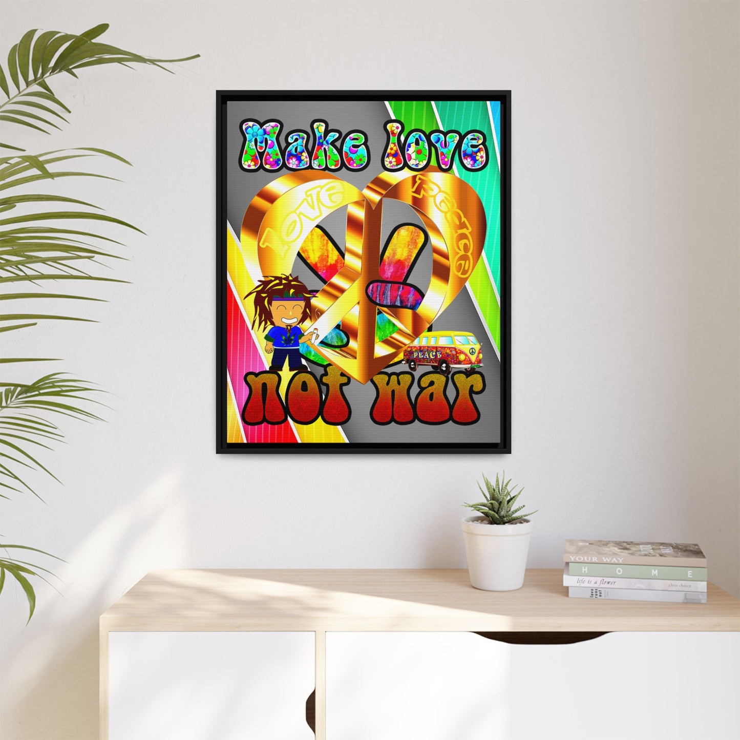 love peace - framed canvas art (rainbow split)