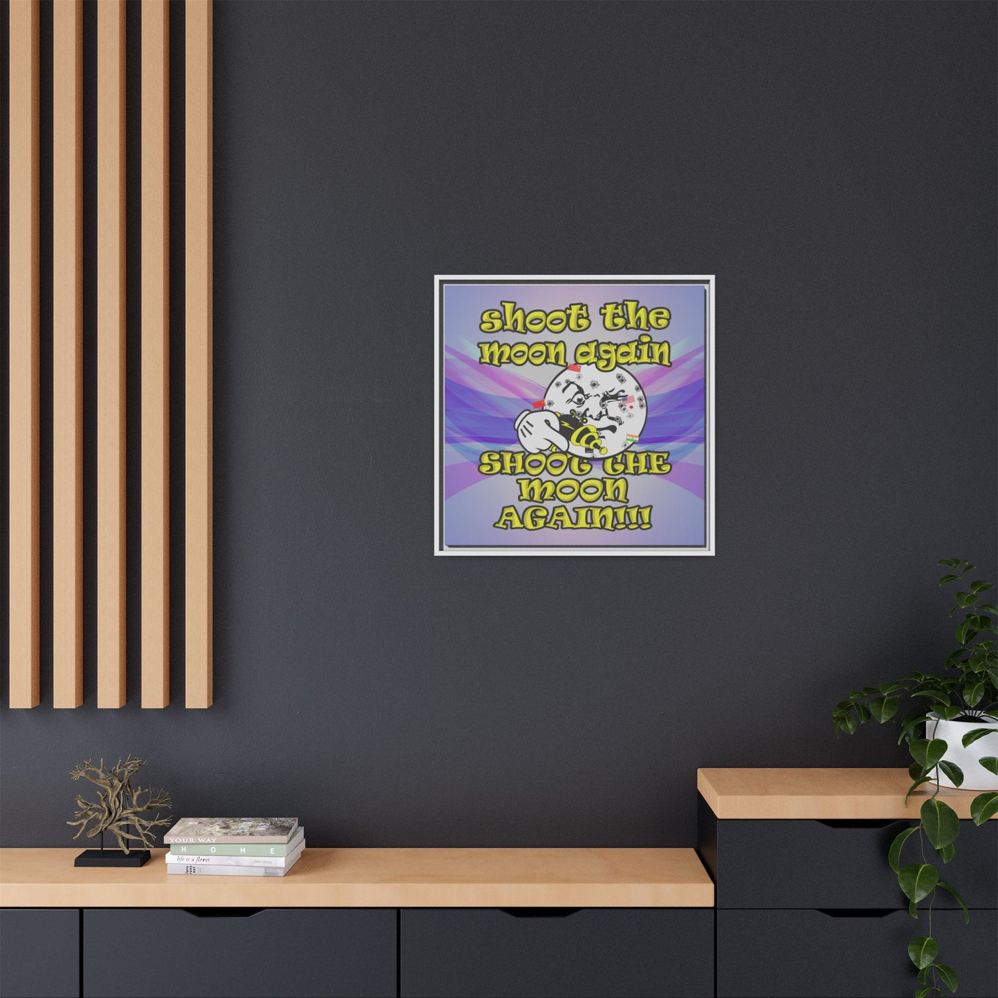 shoot the moon again - framed canvas art (light blue-pink wave)