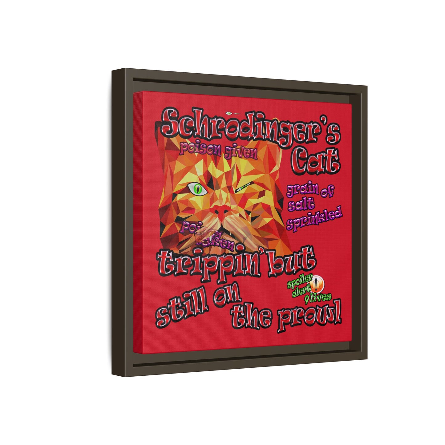 schrodinger's cat - framed canvas art (dark red)